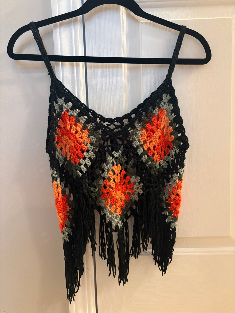 Crochet Fringe Tank Top - Black with Orange & Green Accents